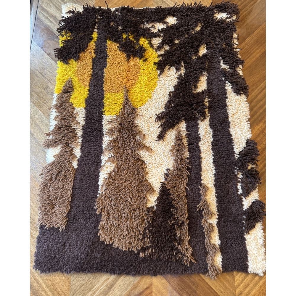 Vintage Latch Hook Rug Wall Hanging art Trees Sun 70's Finished MCM mid century